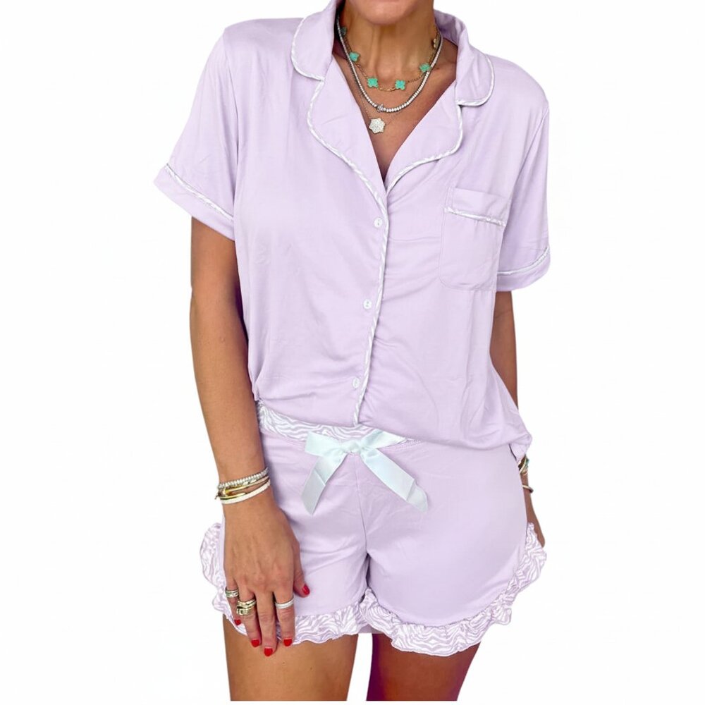 NWOT Jordann Jammies Lilac Flirty Pajama Set Ruffle Shorts Size L